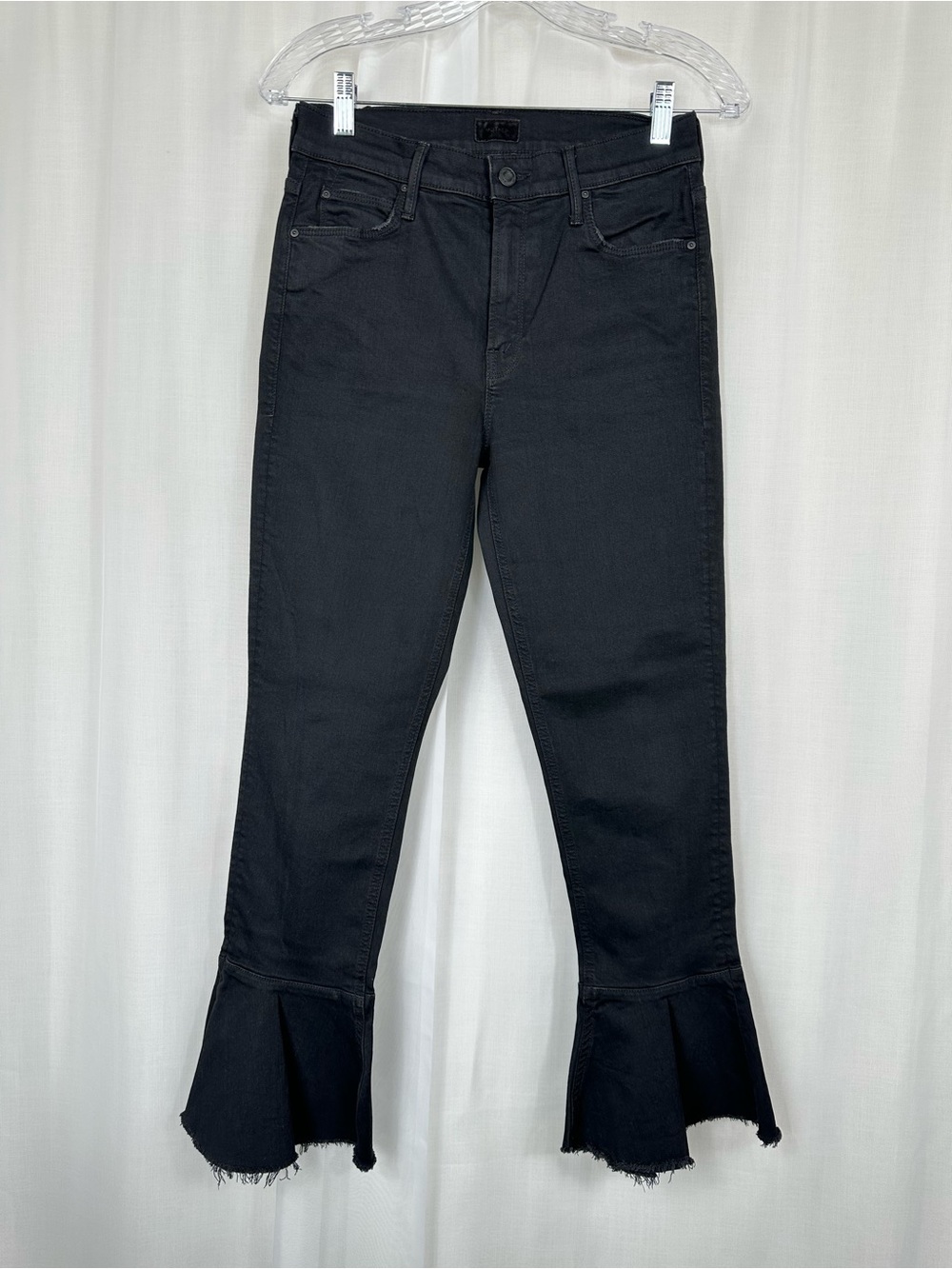 Mother The Cha Cha Fray Cropped Flare‎ Ruffle Hem Black Jeans Not Guilty Size 28